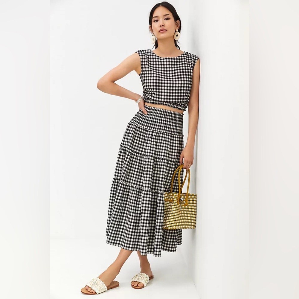Anthropologie Black & White Gingham Tiered Maxi Skirt and crop top